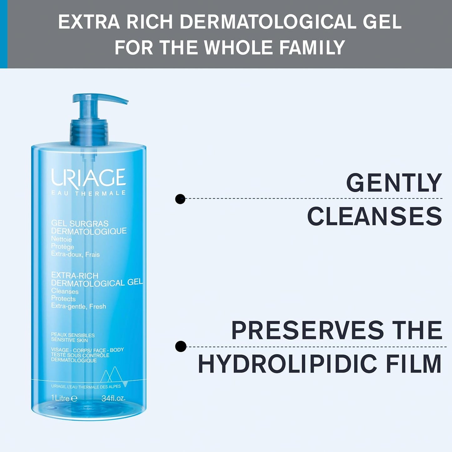 URIAGE Extra-Rich Dermatological Gel | Foaming Body Wash for Sensitive Skin, Preserves the Hydrolipidic Film of the Skin, Face & Body, Paraben & Soap-Free