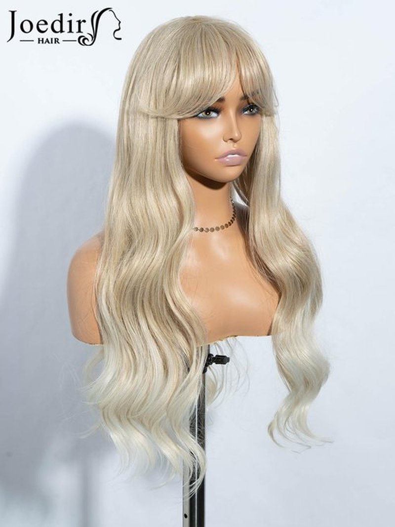 JOEDIR HAIR Blonde Wig with Bangs Long Wavy Wigs for Women with Curtain Bangs 26 Inch Synthetic Wig Halloween Costumes Cosplay Party Wigs