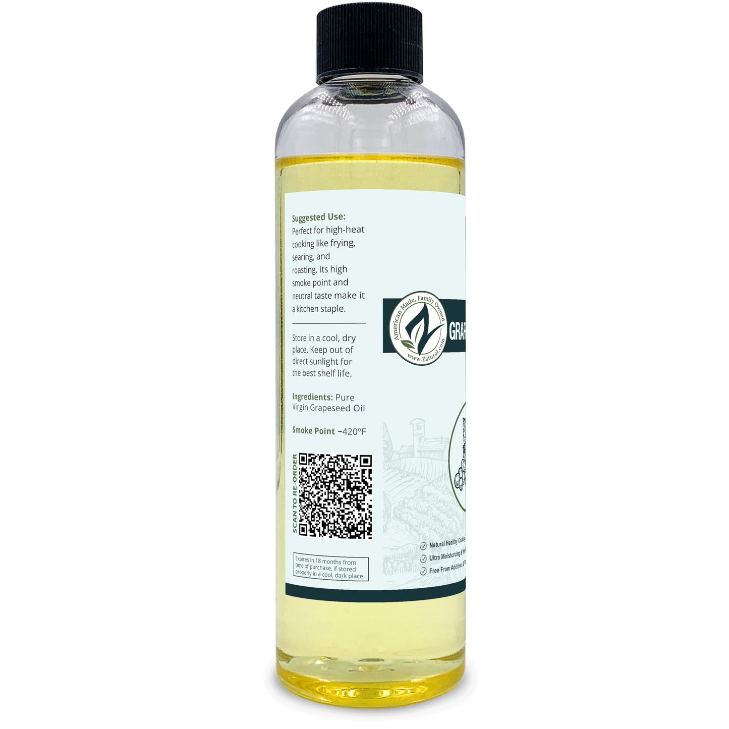 Zatural 100% Pure Cold Pressed Grapeseed Oil – Naturally Grown Virgin, High Smoke Point 450°F+, Non-GMO, Perfect for Cooking Frying Baking, Dressings Marinades & Skincare Hair (8 Fl oz)