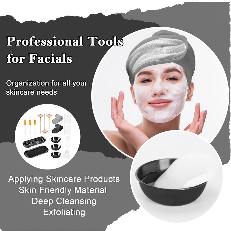 28 Black Facial Supplies 3 Facial Mask Mixing Bowls 3 Facial Fan Brushes 3 Mask Applicator Brushes 3 Mask Measuring Spoons Skincare Tray 3-Compartment Serving Tray 12 Facial Sponges 2 Spa Headbands