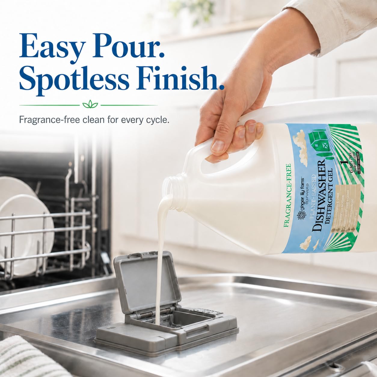 Ginger Lily Farms Plant-Based Dishwasher Detergent Gel, Fragrance-Free, 1 Gallon (128 Fl Oz) Refill, Eco-Friendly, 100% Vegan & Cruelty-Free