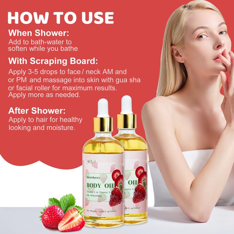 MR.A 2 Pack Strawberry Body Oil Juice Scented, Vitamin E Body Oil after Shower, Strawberry Shortcake Body Moisturizer Bath Oil for Dry Skin, Guasha Oil with Guasha Tool