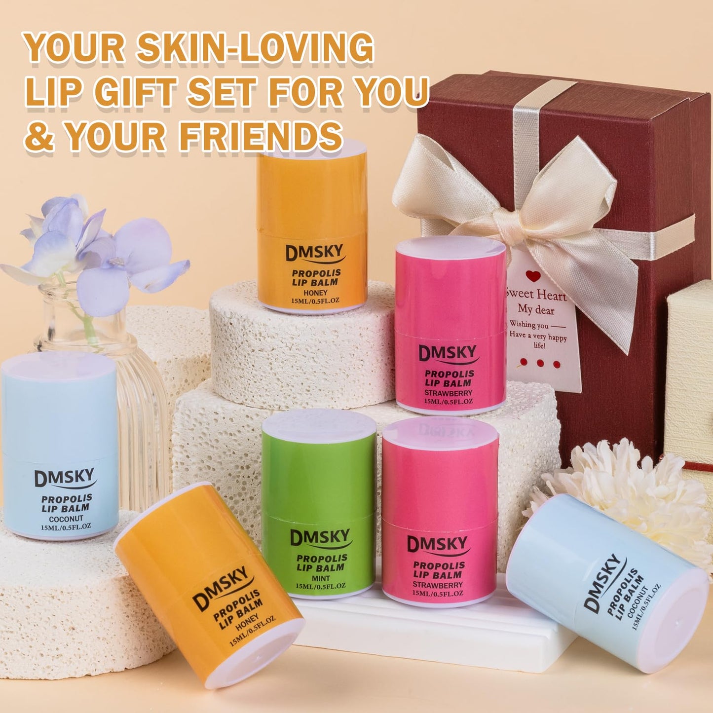 DMSKY Lip Sleeping Mask Set 8 Pack, Lip Butter with Propolis and Vitamin E, Lip Balm for Dry Lips, Reduce Lip Lines and Improve Lip Color