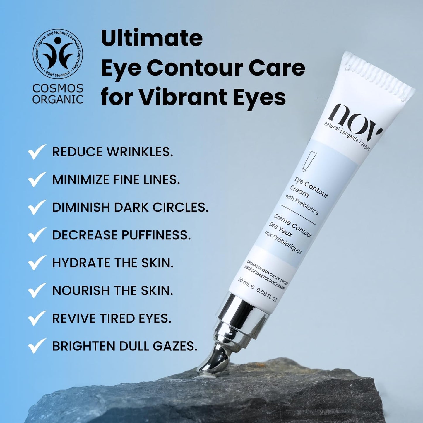 Natural Organic Vegan Eye Cream | Eye Cream for Dark Circles and Puffiness Cream for Eye Bags and Dark Circles Under Eye Contour Cream with Prebiotics 0,68 Oz Dermatologically Tested
