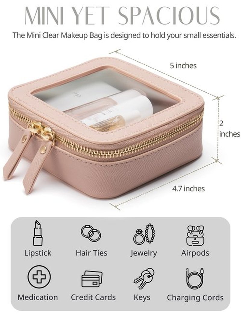 Small Makeup Bag for Purse Mini Cosmetic Bag Clear Pink Square Pouch for School Cute Leather Make Up Case Travel Organizer for Backpack Tiny Toiletry Bag with Zipper for Car Essentials Women Girls