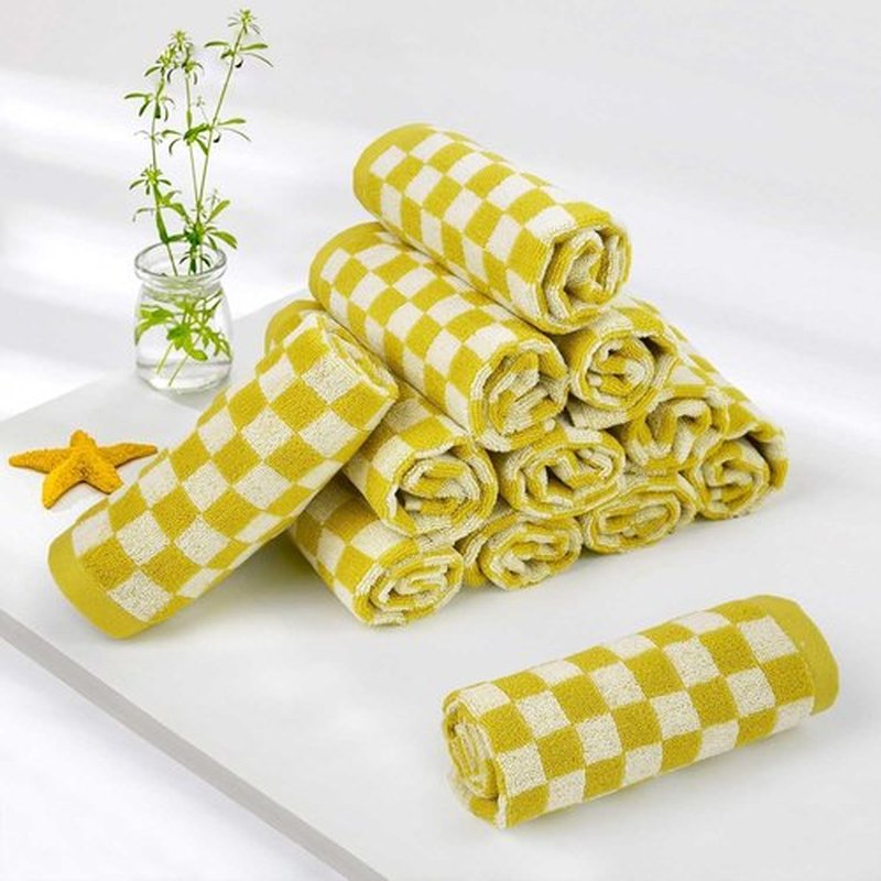 Super Soft Wash Cloths(Mustard Yellow Checkered), 12 Pack Washcloths Facecloth, Cotton Face Towels Set for Body Showering 13x13 Inches, Gifts