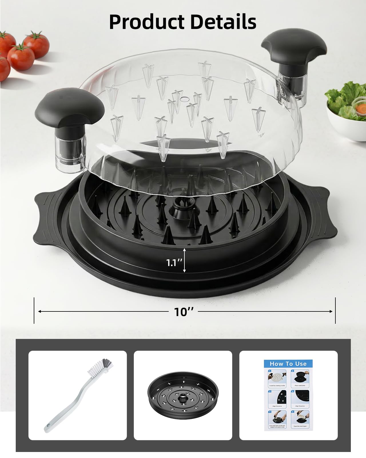 10" Chicken Shredder with Tray, Large Meat Shredder Tool Twist with Brush,BPA Free Meat Grinder, Visible Chicken Shredder Machine, Strong Anti-Slip Strip, Suitable for Pork, Beef, Chicken (Black)
