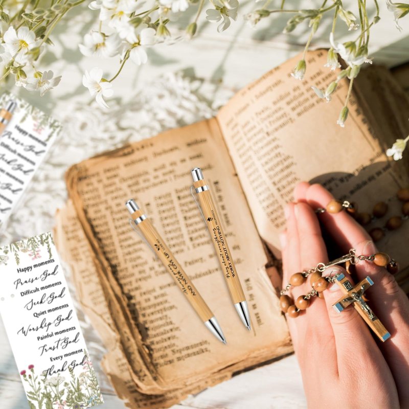 Chivertion 50 Set Christian Religious Gifts Bulk Include Bible Verse Pens and Inspirational Bookmarks Scripture Quote Bible Study Group Church Gifts for Christian Pastor (Bamboo)