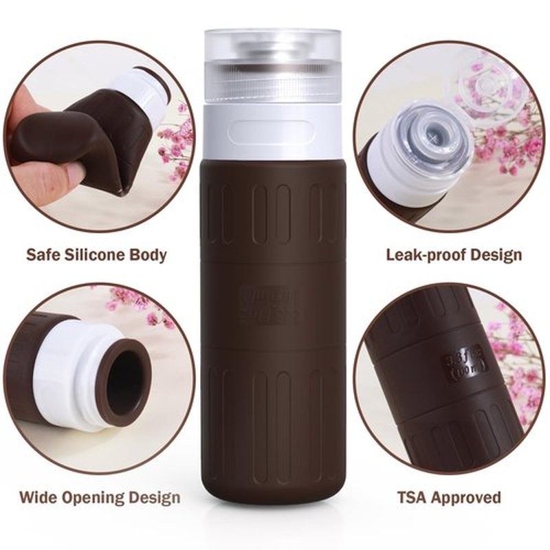GLAMFIELDS Travel Bottles for Toiletries,TSA Approved 3.3oz Size LeakProof Silicone Toiletry Containers for Shampoo, Conditioner,Easy to Squeeze,Portable Travel Essentials for Lotion(18 Pack) Coffee