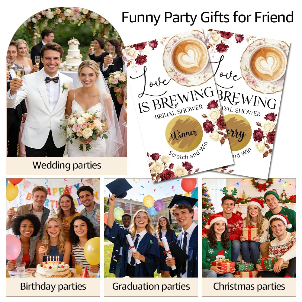 TOUNER 50Pcs Love Is Brewing Bridal Shower Scratch Off Game, Coffee Bridal Shower Game Scratch Card, Funny Wedding Raffle Ticket Lottery Games for Floral Coffee Lover, Engagement Party Reveal Supplies