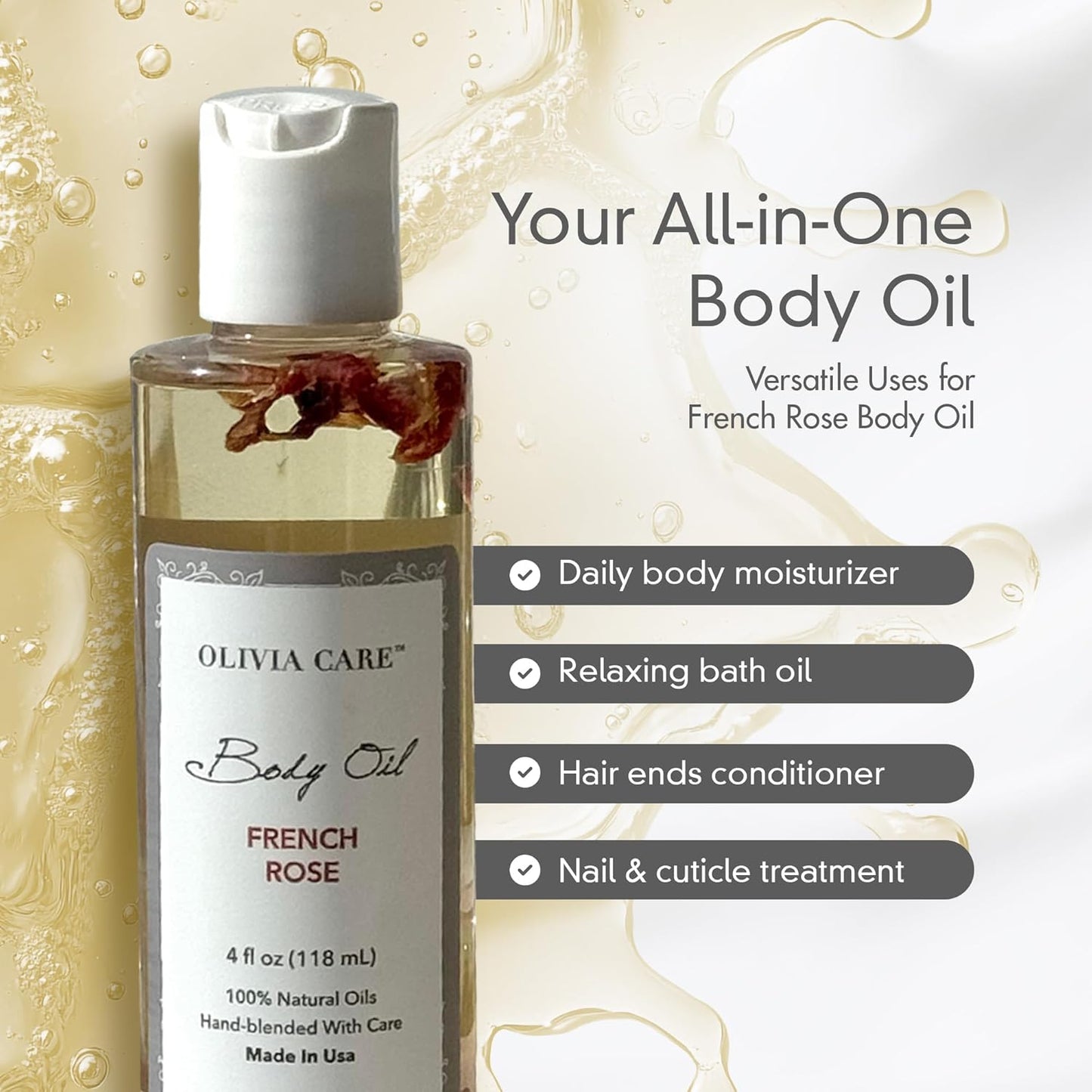 Olivia Care 3 Pack Body Oils: Apricot Fig, French Rose, Jasmine Gardenia - Natural Perfume Oils For Women & After Bath Oils Body Moisturizers, Rich in Vitamin E, K, & Omega (3 Scents)