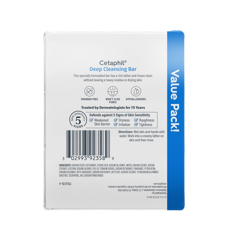 Cetaphil Bar Soap, Deep Cleansing Face and Body Bar, Pack of 3, For Dry to Normal, Sensitive Skin, Soap Free, Hypoallergenic, Paraben Free, Fragrance Free, Removes Makeup, Dirt and Oil