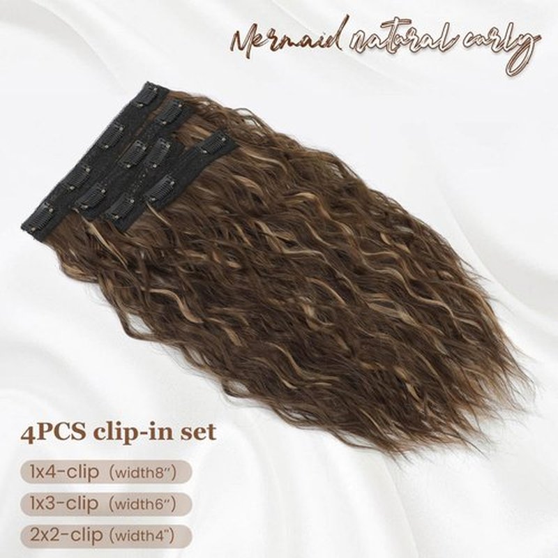 Marjorie Invisible Hair Extensions,14inch Curly Hair Extensions Clip ins with Upgrade Soft Thinner Seamless Lace Weft Natural Wavy Hairpieces for Women - Dark Brown with Highlights