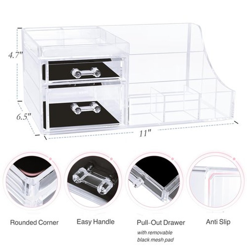 Simbuy Clear Makeup Organizer and Storage Cosmetics Organizer with Drawers, Bathroom Counter or Dresser, Vanity Holder for Lipstick, Brushes, Lotions, Eyeshadow, Nail Polish and Jewelry