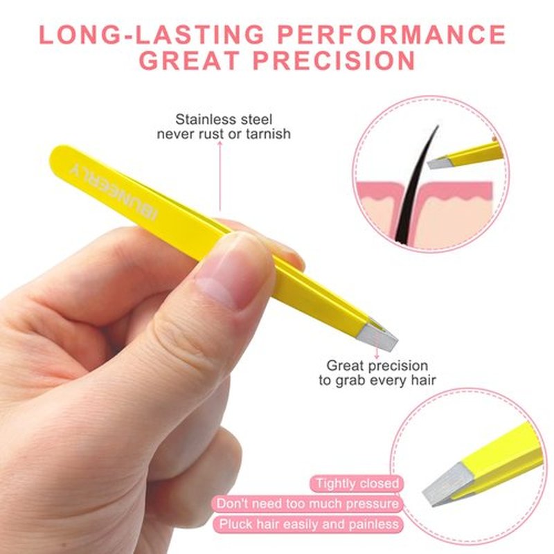 iBuneerly Tweezers Set, 4Pcs Tweezers for Women with Travel Case, Professional Stainless Steel Eyebrows Tweezers, Great Precision Tweezers for Ingrown Hair, Facial Hair, Splinter Removal (Yellow)
