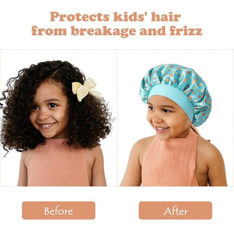 4 Pcs Silk Bonnet for Sleeping Kids Bonnets for Girls Baby Satin Sleep Cap Hair Wraps for Curly Natural Hair Elastic Wide Band, Star