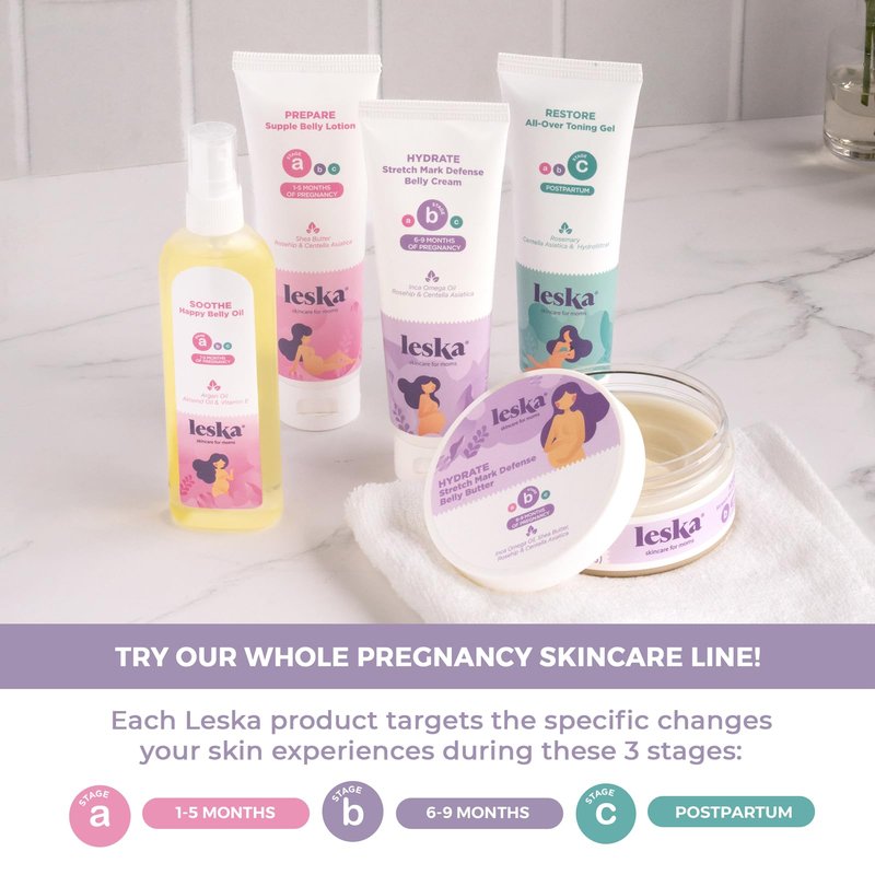 Leska Pregnancy Stages A & B Set | Belly Lotion, Belly Oil, Stretch Mark Defense Cream & Butter | Pregnant Mom Months 1-9 | Part of a Complete 3-Stage Pregnancy Skincare System (Set of 4, 4-4.93oz)