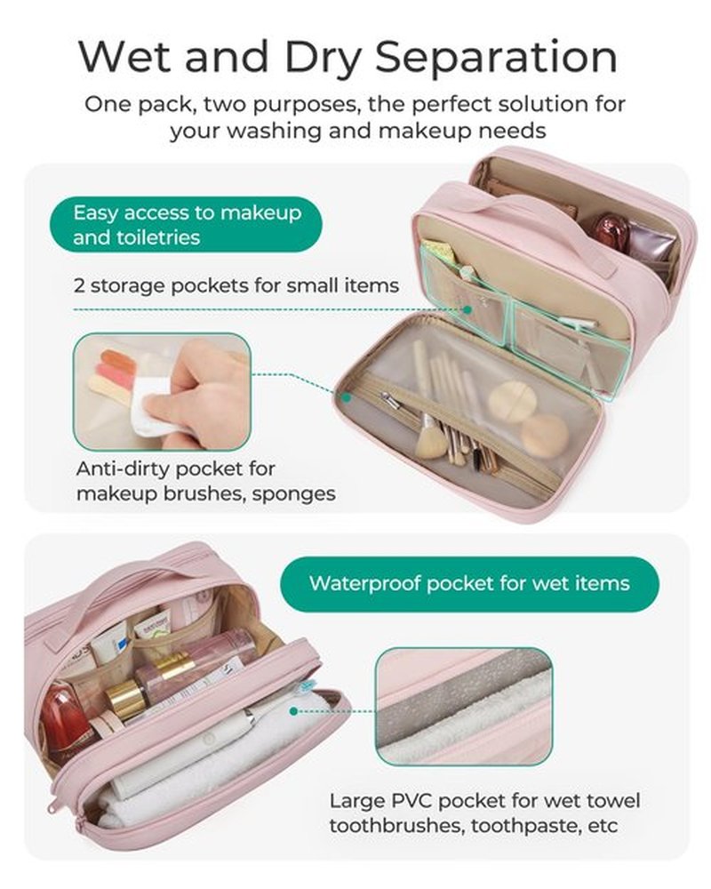 BAGSMART Toiletry Bag for Women, Wide-open Makeup Bag Organizer for Travel Essentials Travel-size, Water-resistant Large Capacity Cosmetic Bag for Accessories, Shampoo, Toiletries with Handle, Black