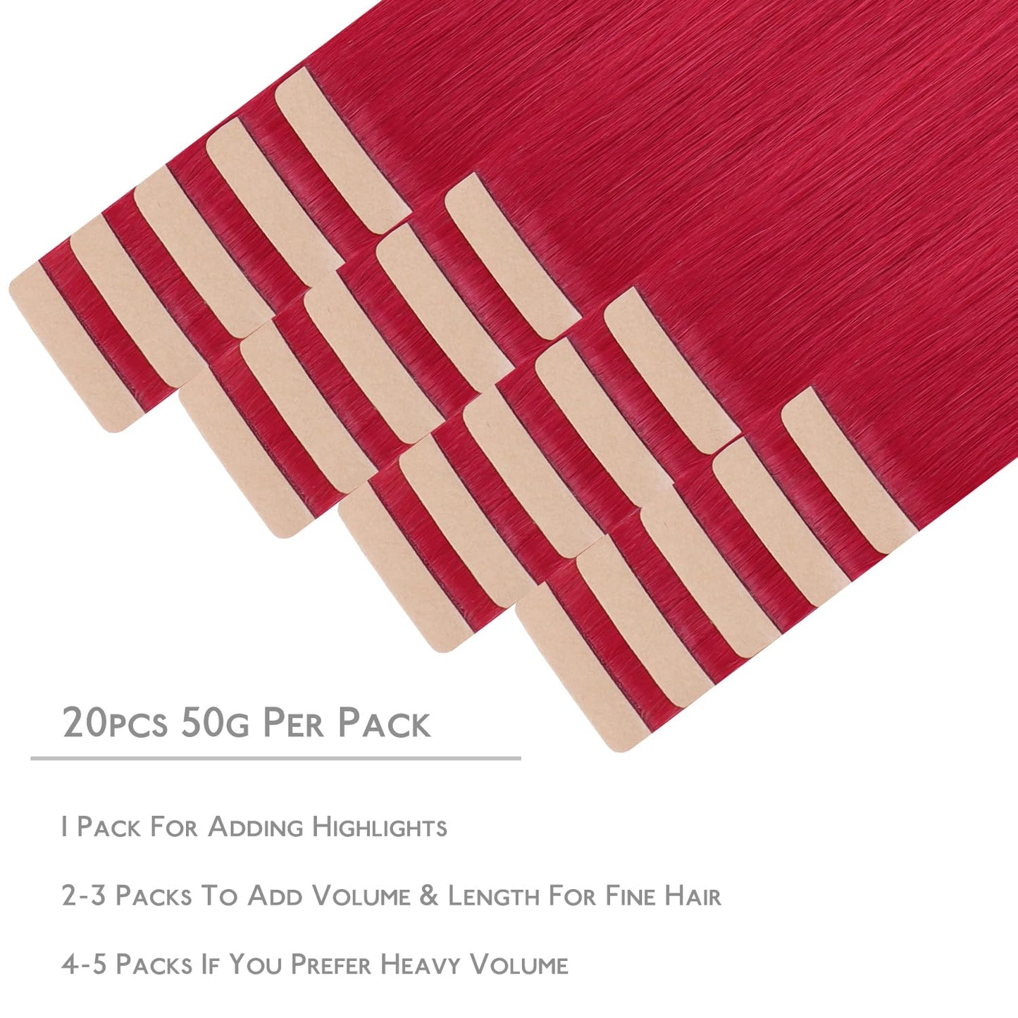 WENNALIFE Tape in Hair Extensions Human Hair, 20pcs 50g 20 inch Red Remy Hair Extensions Straight Human Hair Tape in Extensions Skin Weft Tape Extensions Human Hair