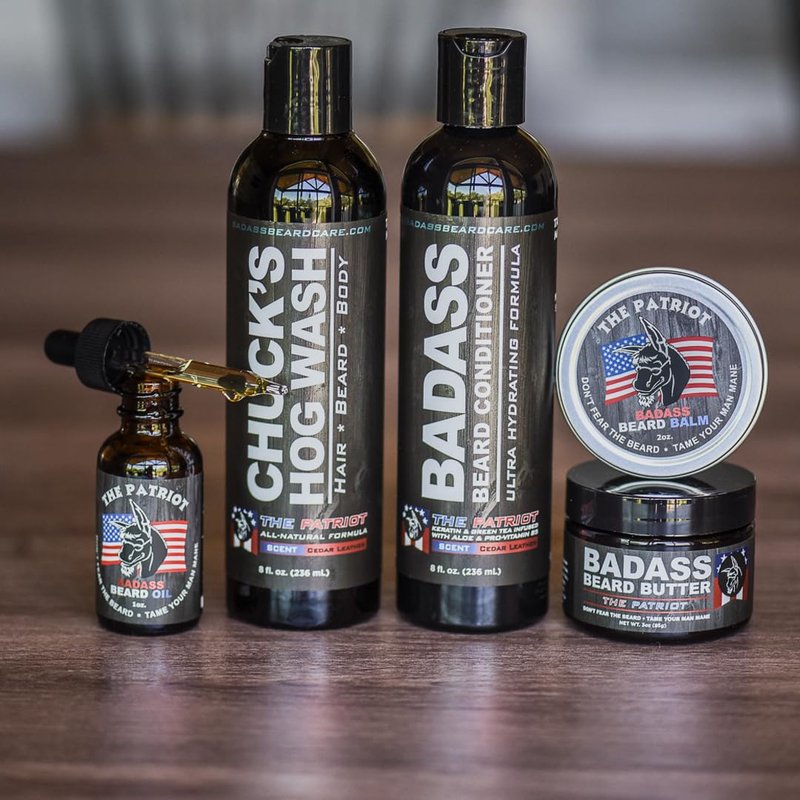 Badass Beard Care Complete Beard Care Kit - 5 Full Size Essentials - Includes Beard Oil, Beard Balm, Beard Butter, Wash and Conditioner - Promotes Fuller & Thicker Beard Growth (The Patriot)