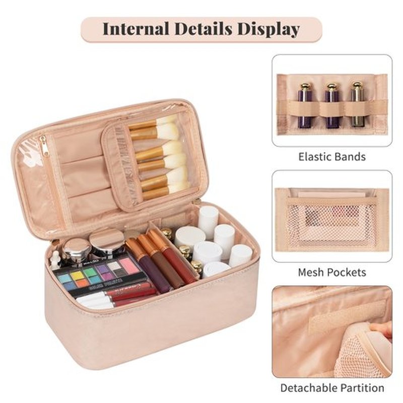 OCHEAL Makeup Bag,Vegan Leather Makeup Organizer Bag,Travel Essentials Cosmetic Bag Make Up Bag Small Makeup Case Toiletry Bag for Women,Compact Capacity for Daily Use, Double Zippers -Rose Gold