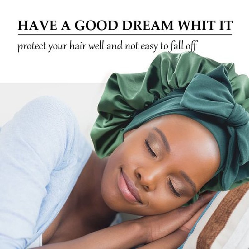 Satin Bonnet Silk Bonnet Hair Bonnet for Sleeping Large Bonnets with Tie Band Hair Wrap with Adjustable Straps Hair Cap Night Sleep Caps for Women Curly Braid Hair(Black,Hunter Green)