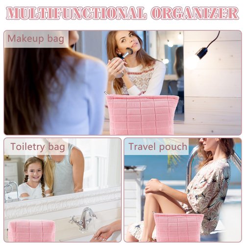 ZLFSRQ 2Pcs Makeup Bag for Women Trendy Large Capacity Cosmetic Bag Plush Pink Checkered Makeup Pouch for Purse Coquette Zippered Bag Organizer Y2K Aesthetic Accessories Makeup Brush Storage Bag