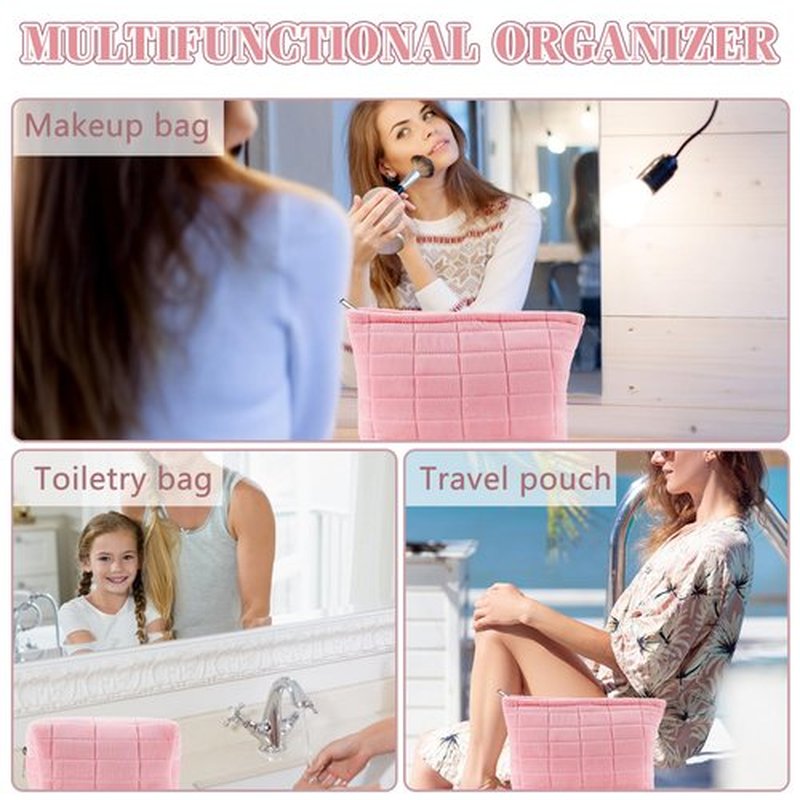 ZLFSRQ 2Pcs Makeup Bag for Women Trendy Large Capacity Cosmetic Bag Plush Pink Checkered Makeup Pouch for Purse Coquette Zippered Bag Organizer Y2K Aesthetic Accessories Makeup Brush Storage Bag