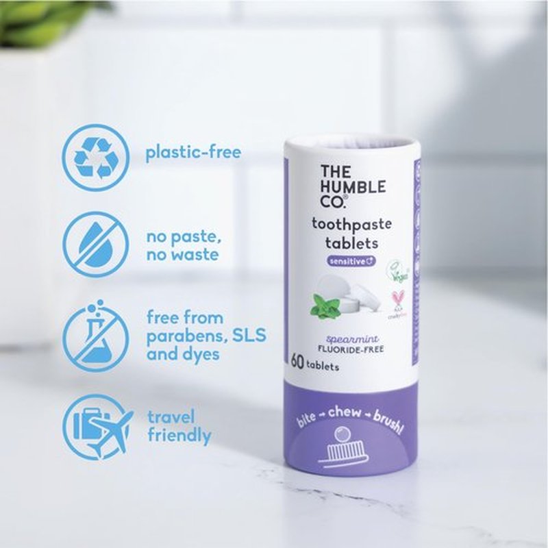 The Humble Co. Sensitive Toothpaste Tablets – Fluoride Free Toothpaste Tablets for Sensitive Teeth and Gums, Dentist Developed Formula, Vegan, SLS Free, Plastic Free (Spearmint, 2 PK, 60 Tablets Each)