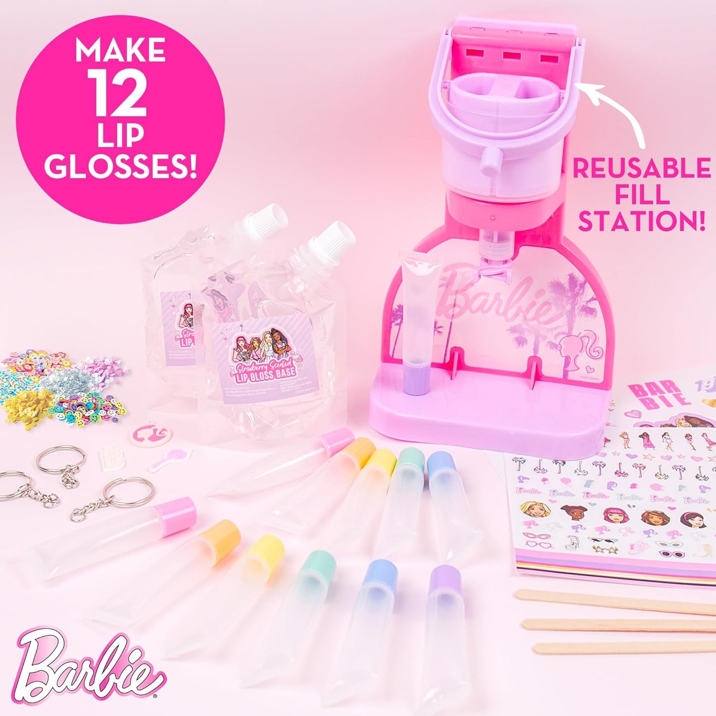 Horizon Group USA Barbie Sweet Shop Lip Gloss Making Kit, Makes 12 Barbie Accessories, Barbie Lip Glosses & Keychains, Arts and Crafts kit for Kids Ages 6+, Gifts for 6 Year Old Girl