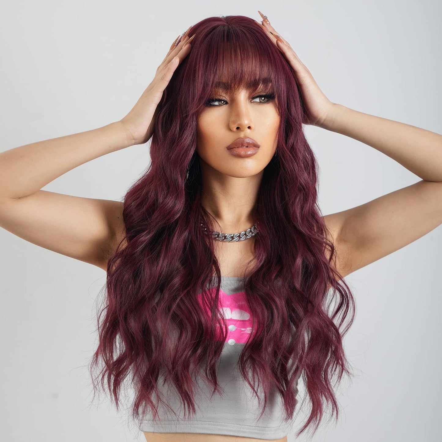 ISHINE Burgundy Red Wigs for Women Wig with Bangs, Long Wavy Wigs Natural Looking Synthetic Hair Replacement Wigs for Daily Cosplay Party Halloween Costume 24 inch