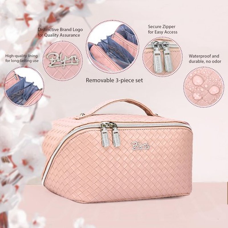 Travel Makeup Bags Cosmetic Organizer Bag: Large Capacity Make up Bag Set of 3 - Vegan Leather Toiletry Bag for Women - Portable Makeup Organizer with Compartments & Handle & Divider (1 Pink)