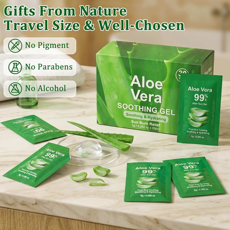 Jutqut 30 Packs Aloe Vera Gel Sachet - 99% Organic Aloe Vera Juice for Face & Body, Deeply Hydrating & Calming, Fast Absorbing, Refreshing Non-Greasy, Sunburn Relief & After-Sun Care