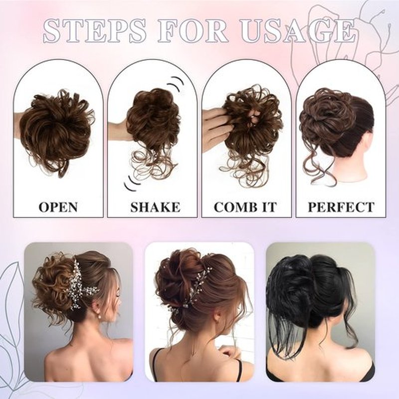 HSLHDI Messy Hair Bun Hair Piece for Women Short Bun Tousled Synthetic Elastic Scrunchies Hairpiece for Women Girls (1-5pcs, 4/30#-Darkest Brown & Light Auburn)…