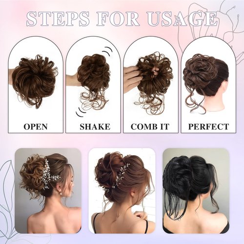 HSLHDI Messy Hair Bun Hair Piece for Women Short Bun Tousled Synthetic Elastic Scrunchies Hairpiece for Women Girls (1-5pcs, 4/30#-Darkest Brown & Light Auburn)…