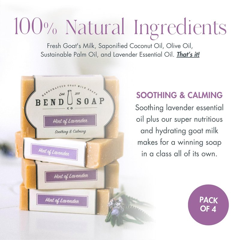 Bend Soap Company All Natural Handmade Goat Milk Soap for Dry Skin Relief, Hint of Lavender, 4.5 oz Bars, 4 Pack