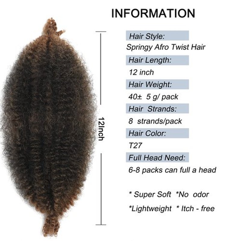 12 Inch Springy Afro Twist Hair 8 Packs Marley Twist Braiding Hair Pre-fluffed Spring Twist Hair Kinky Hair Afro Twist Hair Marley Hair for Faux Locs (12 Inch (Pack of 8), T27# Marley Twist)