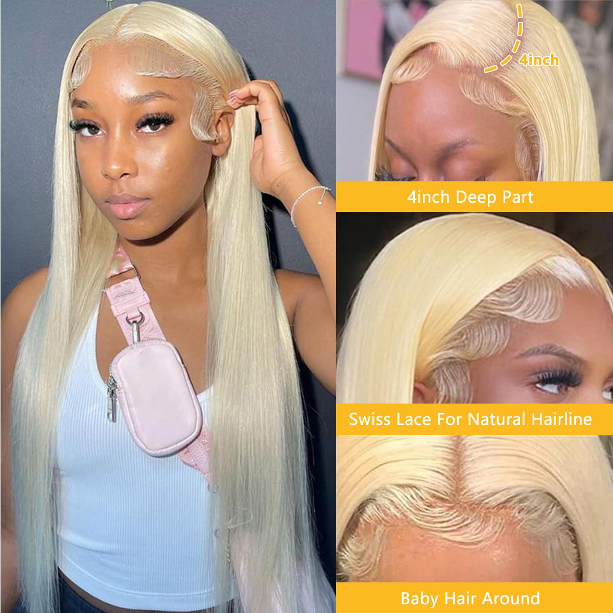 QTHAIR 14A Russian Blonde #613 Transparent Lace Frontal 14in 100% Platinum Blonde Human Hair for All Women (14",#613 Platinum Honey Blonde Closure Transparent Color Lace)