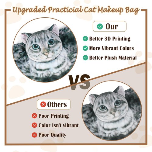 Cat Shaped Drawstring Makeup Bag for Women - Grey Tabby Cat Design Cosmetic Case