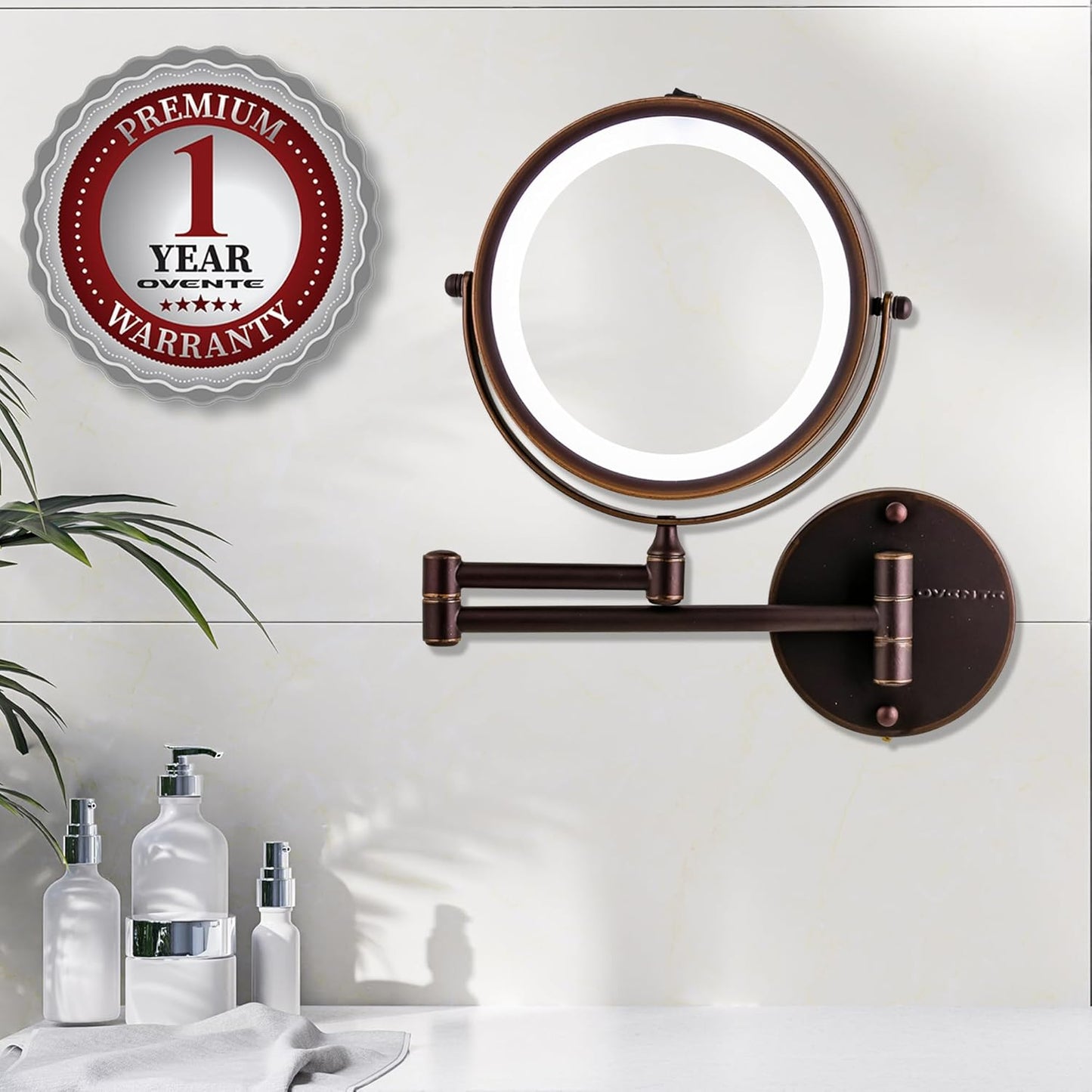OVENTE 7" Lighted Wall Mount Makeup Mirror with 1X/10X Magnification, Cordless Double Sided Magnifying Round Vanity Mirror, 360° Swivel Design, Extendable and Folding Arm, Antique Bronze MFW70ABZ1X10X