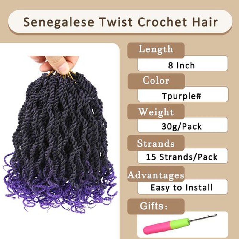 Kachanaa 8 Inch Senegalese Twist Crochet Hair for Black Women 8 Pack Pre Looped Crochet Braids With Curly Ends Pre Twisted Crochet Small Hair Synthetic Havana Twist Braiding Hair for Kids Tpurple#