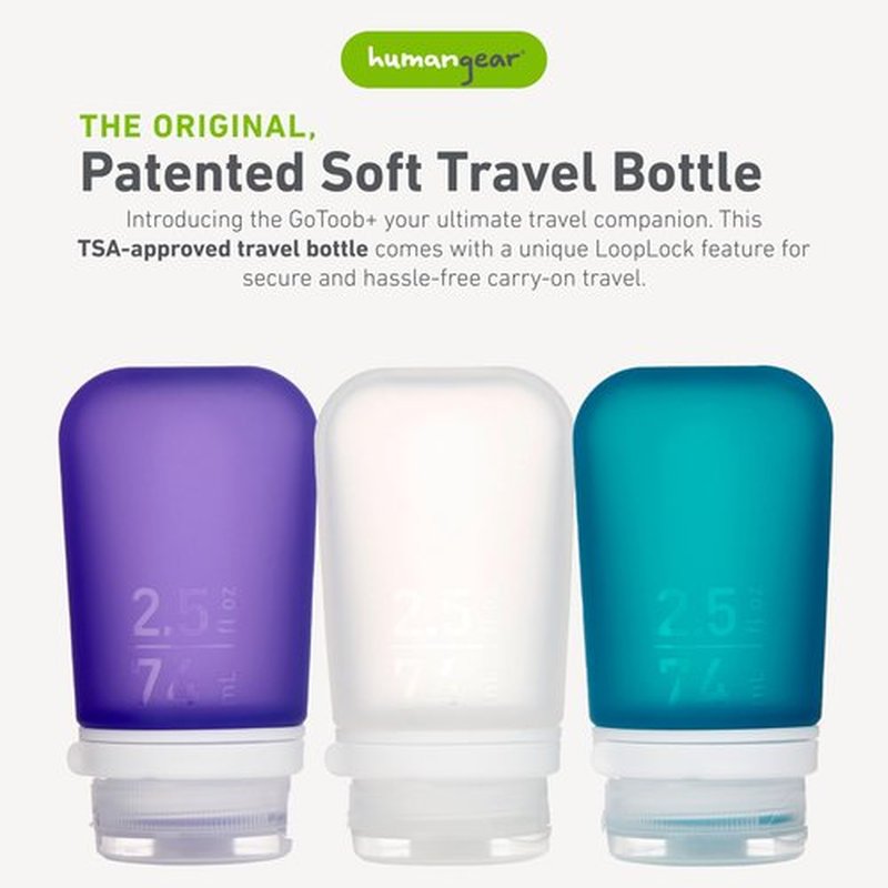 humangear GoToob+ 3-Pack (Medium) | Refillable Silicone Travel Bottle | Locking Lid | Food-Safe Material, Clear/Purple/Teal, Medium (2.5 fl.oz.; 74ml)
