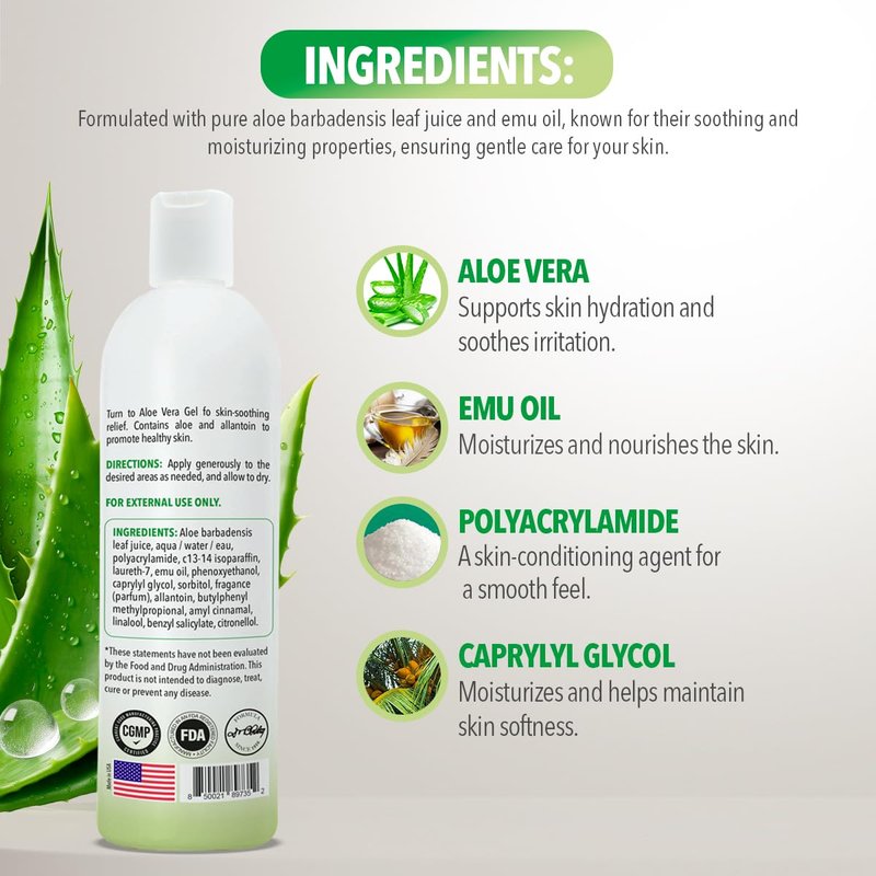 Dr. Robaina Natural Aloe Vera Gel with Emu Oil – Hydrating & Soothing Daily Skin Care for Dry Skin, Sun-Exposed Comfort & Irritation Relief – Non-Greasy, Quick-Absorbing – 12 oz | Made in USA