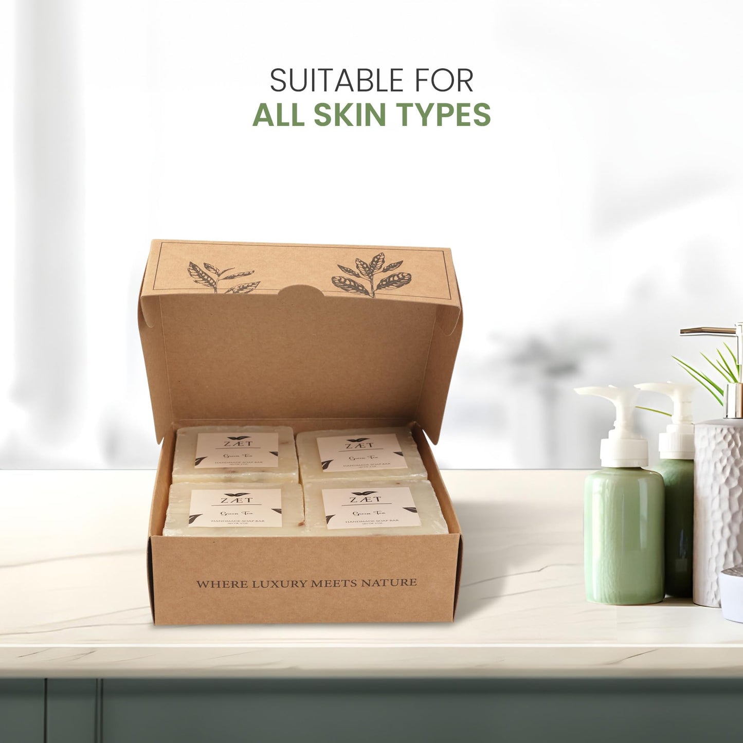ZÆT Green Tea Soap Bar, 4 Pack Natural Handmade Bar Soap with Olive, Almond & Coconut Oil, Moisturizing Soap Bar for Hands & Body, Gentle Non Toxic Bath Soap for All Skin Types, 140g Each