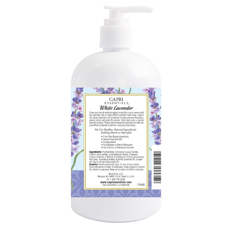 CAPRI ESSENTIALS Hand Soap Liquid, Natural Household Cleaning Supplies, Gentle Plant Based Aromatic Hand Wash with a Blend of Essential Oils, Removes Dirt & Grime, White Lavender Scent, 16 FL Oz