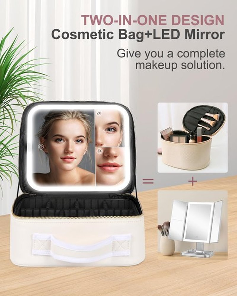 MAYFIY Makeup Bag with LED Mirror and Travel Makeup Train Case Cosmetic Organiser with 2X3X Magnifying Mirror and Separate Makeup Brush Panel, Portable Adjustable Divider Storage Bag, Creamy-white