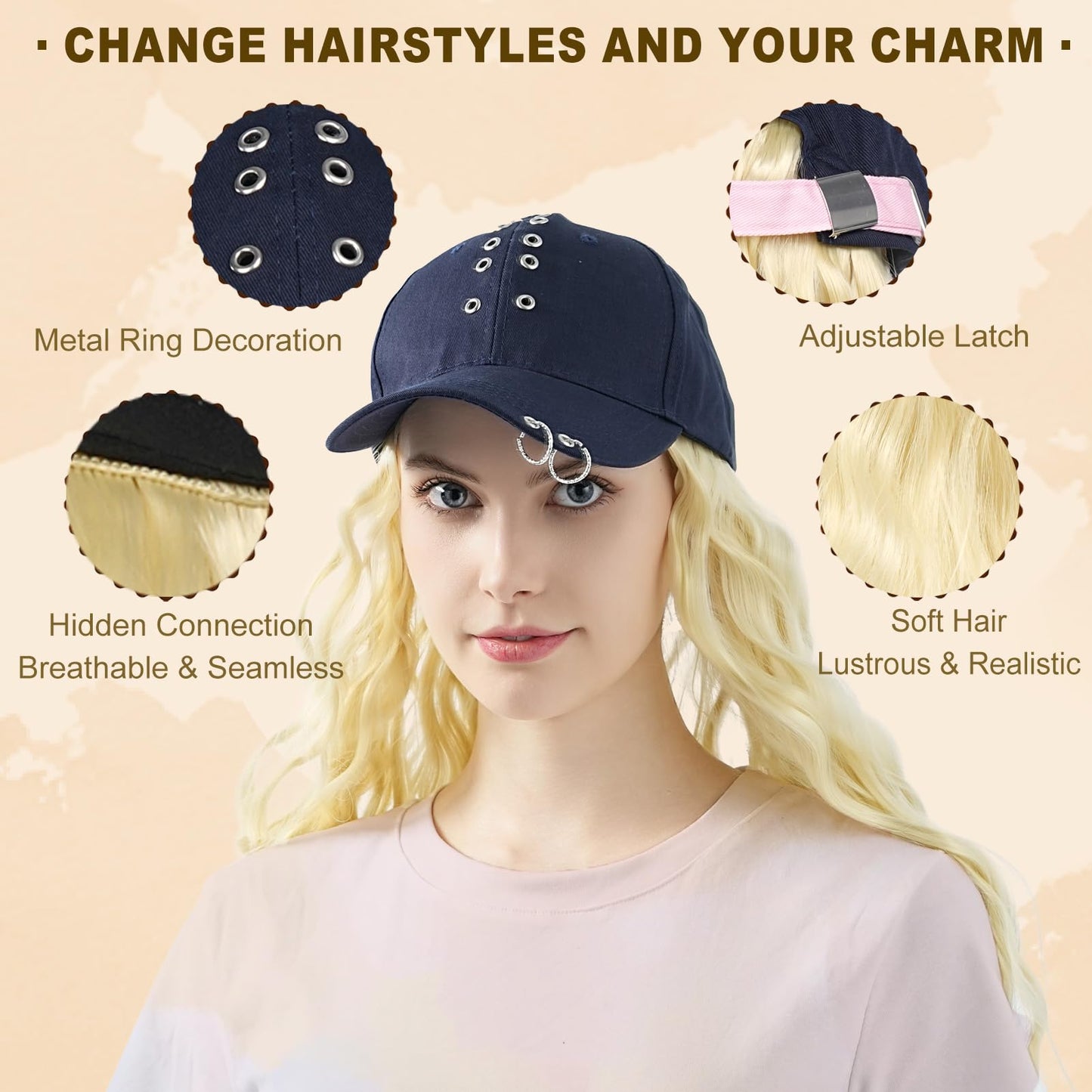 SUNBORRY Hat Wig for Women Baseball Cap with Hair hat with hair attached for women Extensions Adjustable Hat Attached 26" Long Wavy Hairpieces Synthetic Wig