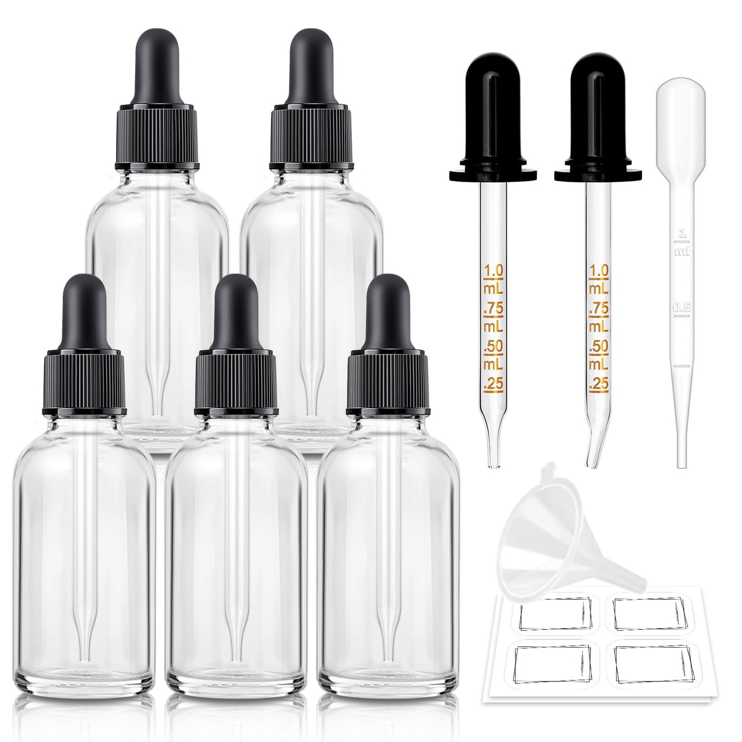 Bumobum 5 Pcs, 1 oz Clear Dropper Bottle with 2 Extra Glass Dropper, 1 Funnel, 1 Pipette, 8 Labels 30 ml Eye Dropper Bottle for Essential Oils Serums Hair Oils Body Cuticle Oils