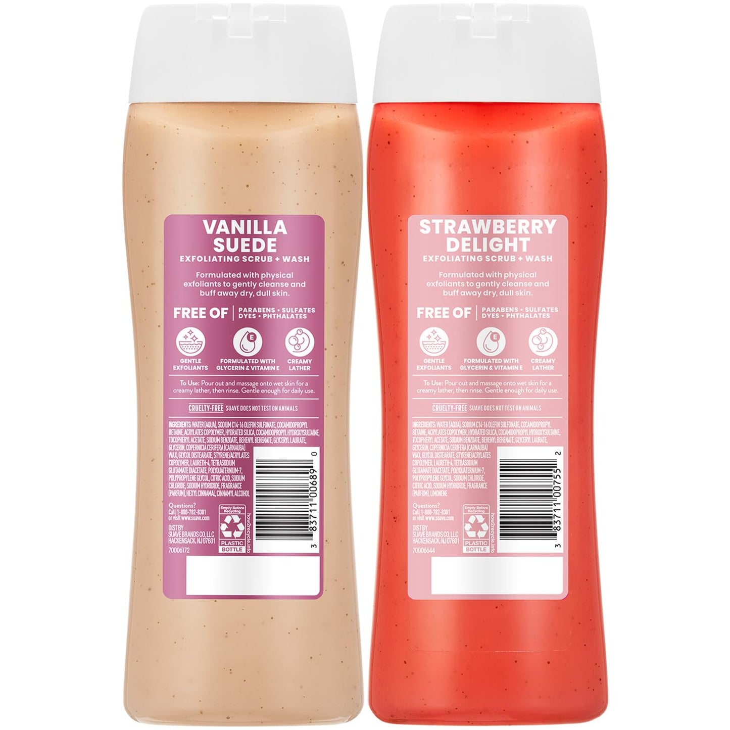 Suave Exfoliating Scrub + Wash Variety 2-Pack – Vanilla Suede & Strawberry Delight, Sulfate-Free Body Wash Set, 18 Oz Ea