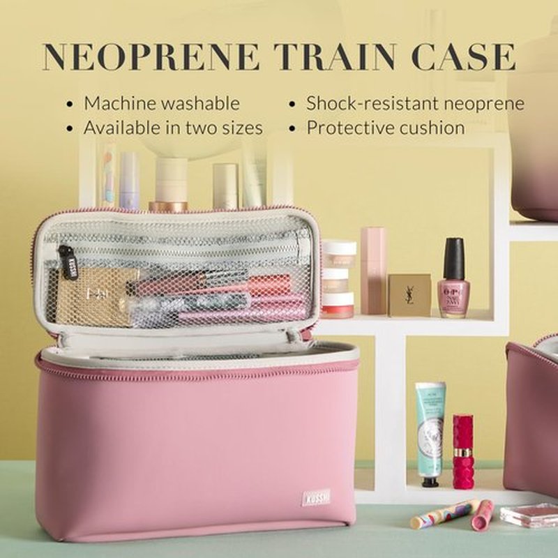 KUSSHI Neoprene Train Case Makeup Bag - Washable Makeup Travel Bag & Vanity Case for Stress Free Travel (Large, Mauve/Stone)